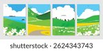 Abstract Green Summer landscape background vector set. Nature wallpaper of green field on mountain, yellow flowers, blue sky , rice, river. Watercolor illustration for cover, wall art, decoration.