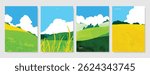 Abstract Green Summer landscape background vector set. Nature wallpaper of green field on mountain, yellow flowers, blue sky , rice, river. Watercolor illustration for cover, wall art, decoration.