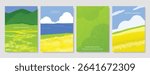 Abstract Green Summer landscape background vector set. Nature wallpaper of green field on mountain, yellow flowers, blue sky, rice, river. Watercolor illustration for cover, wall art, decoration.