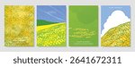 Abstract Green Summer landscape background vector set. Nature wallpaper of green field on mountain, yellow flowers, blue sky, rice. Watercolor illustration for cover, wall art, decoration.