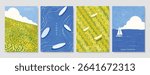 Abstract Green Summer landscape background vector set. Nature wallpaper of green field on mountain, yellow flowers, blue sky, rice, sea, boat. Watercolor illustration for cover, wall art, decoration.