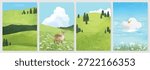 Abstract Green Summer landscape background vector set. Nature wallpaper of green field on mountain, yellow flowers, blue sky , birds, river. Watercolor illustration for cover, wall art, decoration.