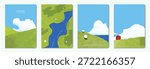 Abstract Green Summer landscape background vector set. Nature wallpaper of green field on mountain, yellow flowers, blue sky , birds, river. Watercolor illustration for cover, wall art, decoration.