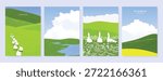 Abstract Green Summer landscape background vector set. Nature wallpaper of green field on mountain, yellow flowers, blue sky , birds, river. Watercolor illustration for cover, wall art, decoration.