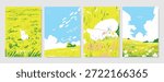 Abstract Green Summer landscape background vector set. Nature wallpaper of green field on mountain, yellow flowers, blue sky , birds, river. Watercolor illustration for cover, wall art, decoration.