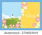 Abstract Green Summer landscape background vector set. Nature wallpaper of flowers and people. Watercolor illustration for cover, wall art, decoration.