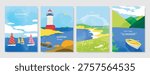 Abstract Green Summer landscape background vector set. Nature wallpaper of green field on mountain, yellow flowers, blue sky , birds, river. Watercolor illustration for cover, wall art, decoration.