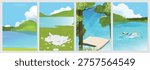 Abstract Green Summer landscape background vector set. Nature wallpaper of green field on mountain, yellow flowers, blue sky , birds, river. Watercolor illustration for cover, wall art, decoration.