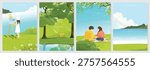 Abstract Green Summer landscape background vector set. Nature wallpaper of green field on mountain, yellow flowers, blue sky , birds, river. Watercolor illustration for cover, wall art, decoration.