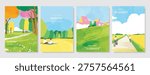 Abstract Green Summer landscape background vector set. Nature wallpaper of green field on mountain, yellow flowers, blue sky , birds, river. Watercolor illustration for cover, wall art, decoration.