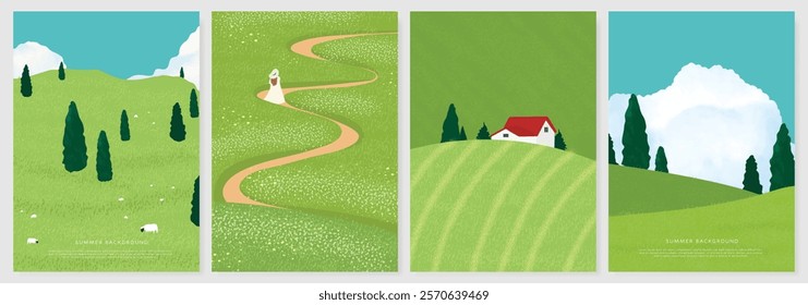 Abstract Green Summer landscape background vector set. Nature wallpaper of green field on mountain, flower, blue sky, girl, sheep. Watercolor illustration for cover, banner, wall art, decoration.
