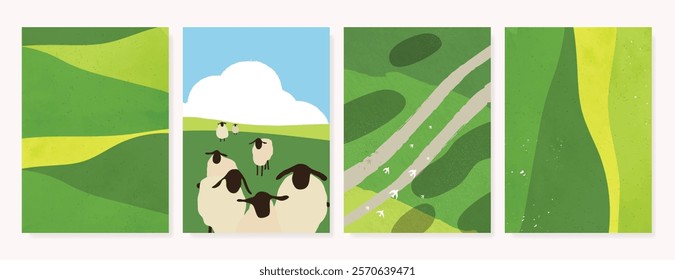 Abstract Green Summer landscape background vector set. Nature wallpaper of green field on mountain, flower, blue sky, bird, sheep. Watercolor illustration for cover, banner, wall art, decoration.