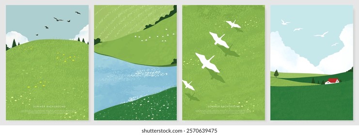 Abstract Green Summer landscape background vector set. Nature wallpaper of green field on mountain, yellow flowers, blue sky , birds, river. Watercolor illustration for cover, wall art, decoration.