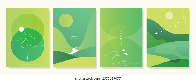 Abstract Green Summer landscape background vector set. Nature wallpaper of mountain, bird, moon, river, meadow, hill. Watercolor illustration for cover, banner, wall art, decoration.