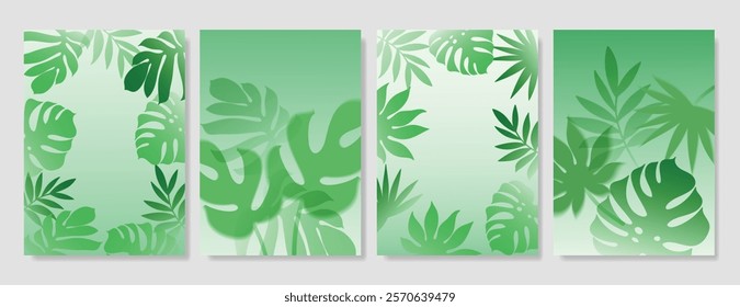 Abstract Green Summer landscape background vector set. Nature Jungle forest wallpaper of tropical leaf, monstera gradient. Foliage Illustration for cover, wall art, decoration.