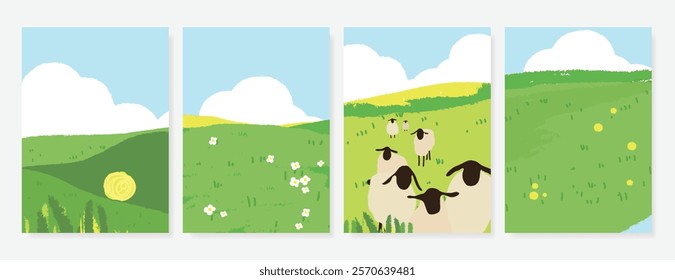 Abstract Green Summer landscape background vector set. Nature wallpaper of green field, mountain, flower, blue sky, sheep. Watercolor illustration for cover, banner, wall art, decoration.