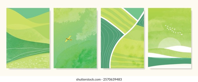 Abstract Green Summer landscape background vector set. Nature wallpaper of green field on mountain, bird, airplane, meadow. Watercolor illustration for cover, banner, wall art, decoration.