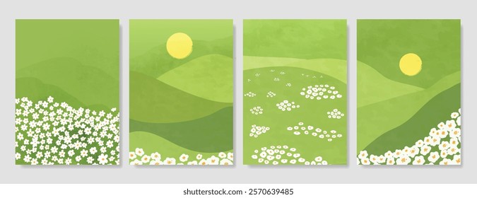 Abstract Green Summer landscape background vector set. Nature wallpaper of green field on mountain, daisy flowers, sky, sun, moon, meadow. Watercolor illustration for cover, wall art, decoration.