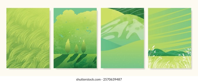 Abstract Green Summer landscape background vector set. Nature wallpaper of green field on mountain, bird, rice, weed, meadow. Watercolor illustration for cover, banner, wall art, decoration.