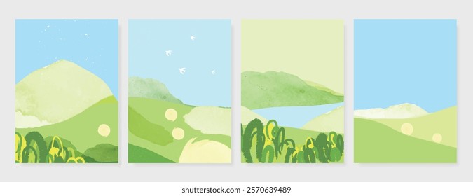 Abstract Green Summer landscape background vector set. Nature wallpaper of green field, mountain, flower, blue sky, bird, river. Watercolor illustration for cover, banner, wall art, decoration.