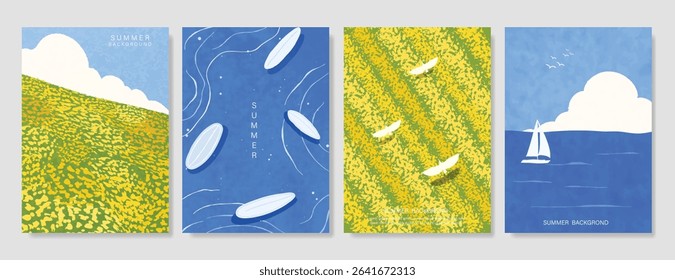 Abstract Green Summer landscape background vector set. Nature wallpaper of green field on mountain, yellow flowers, blue sky, rice, sea, boat. Watercolor illustration for cover, wall art, decoration.