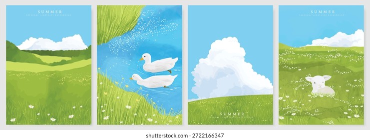Abstract Green Summer landscape background vector set. Nature wallpaper of green field on mountain, yellow flowers, blue sky , birds, river. Watercolor illustration for cover, wall art, decoration.