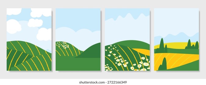 Conjunto de Vector de fondo de paisaje de verano verde Abstractas. Naturaleza Fondo de pantalla de campo verde en la montaña, flores amarillas, cielo azul, pájaros, río. Ilustración de la acuarela para la cubierta, arte de la pared, decoración.