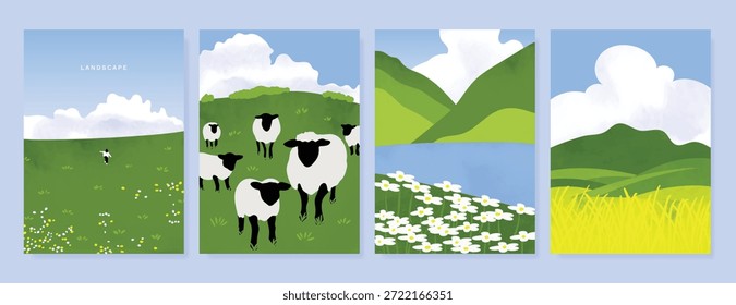 Abstract Green Summer landscape background vector set. Nature wallpaper of green field on mountain, yellow flowers, blue sky , birds, river. Watercolor illustration for cover, wall art, decoration.
