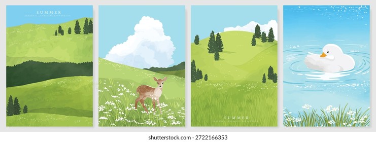 Abstract Green Summer landscape background vector set. Nature wallpaper of green field on mountain, yellow flowers, blue sky , birds, river. Watercolor illustration for cover, wall art, decoration.