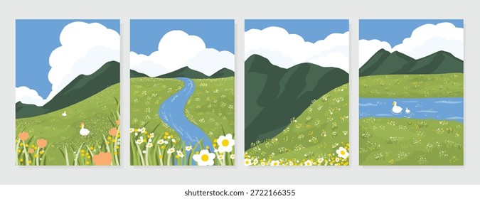 Abstract Green Summer landscape background vector set. Nature wallpaper of green field on mountain, yellow flowers, blue sky , birds, river. Watercolor illustration for cover, wall art, decoration.