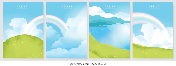 Abstract Green Summer landscape background vector set. Nature wallpaper of green field on mountain, yellow flowers, blue sky , birds, river. Watercolor illustration for cover, wall art, decoration.