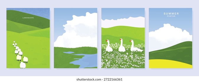 Abstract Green Summer landscape background vector set. Nature wallpaper of green field on mountain, yellow flowers, blue sky , birds, river. Watercolor illustration for cover, wall art, decoration.