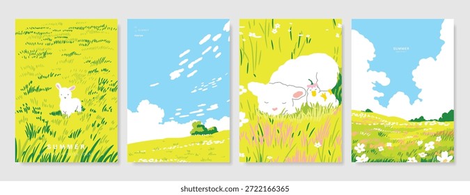 Conjunto de Vector de fondo de paisaje de verano verde Abstractas. Naturaleza Fondo de pantalla de campo verde en la montaña, flores amarillas, cielo azul, pájaros, río. Ilustración de la acuarela para la cubierta, arte de la pared, decoración.