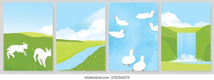 Conjunto de Vector de fondo de paisaje de verano verde Abstractas. Naturaleza Fondo de pantalla de campo verde en la montaña, flores amarillas, cielo azul, pájaros, río. Ilustración de la acuarela para la cubierta, arte de la pared, decoración.