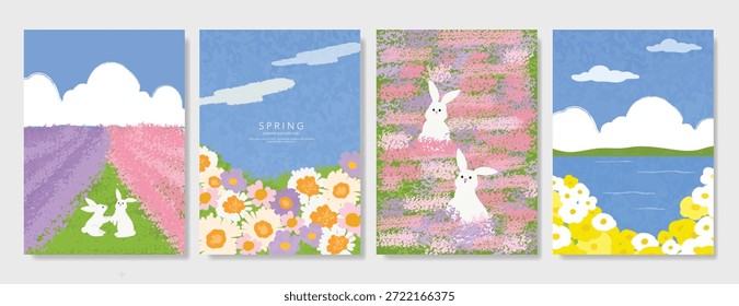 Abstract Green Summer landscape background vector set. Nature wallpaper of green field on mountain, yellow flowers, blue sky , birds, river. Watercolor illustration for cover, wall art, decoration.