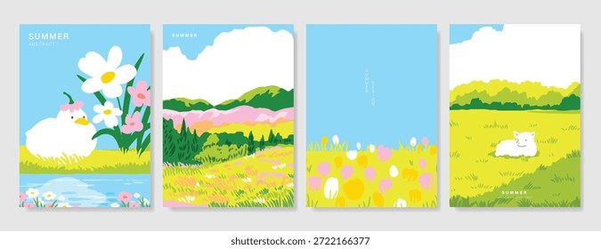 Resumo Verde Verão paisagem fundo vetor conjunto. Natureza papel de parede do campo verde na montanha, flores amarelas, céu azul , pássaros, rio. Ilustração em aquarela para capa, arte de parede, decoração.