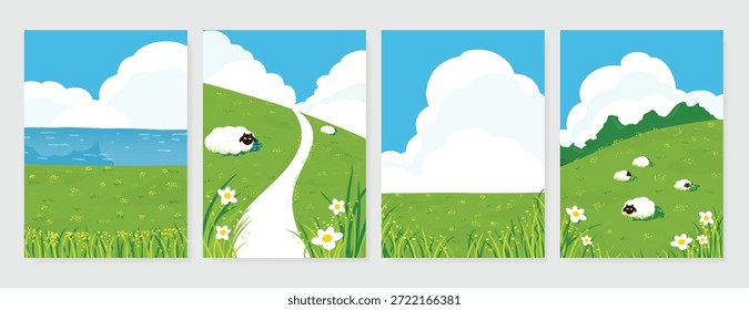 Abstract Green Summer landscape background vector set. Nature wallpaper of green field on mountain, yellow flowers, blue sky , birds, river. Watercolor illustration for cover, wall art, decoration.