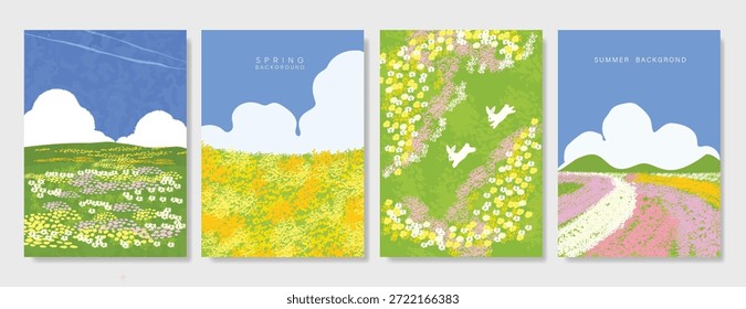 Abstrakte Green Summer Landschaft Hintergrund Vektorsatz. Naturtapete von grünem Feld auf dem Berg, gelbe Blumen, blauer Himmel, Vögel, Fluss. Aquarell Illustration für Abdeckung, Wandkunst, Dekoration.