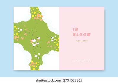 Conjunto de Vector de fondo de paisaje de verano verde Abstractas. Naturaleza Fondo de pantalla de campo verde en la montaña, flores amarillas, cielo azul, ovejita . Ilustración de acuarela para la cubierta, arte de la pared, decoración.