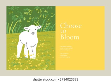 Abstract Green Summer landscape background vector set. Nature wallpaper of white flowers and sheep. Watercolor illustration for cover, wall art, decoration.