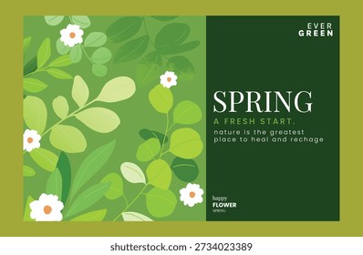 Abstract Green Summer landscape background vector set. Nature wallpaper of green leaf with small white flower. Watercolor illustration for cover, wall art, decoration.