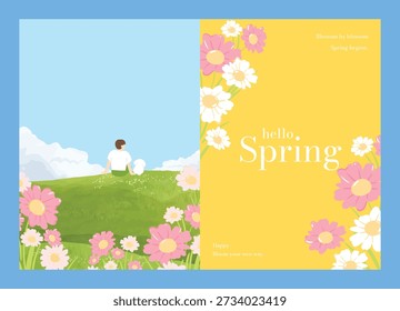 Abstract Green Summer landscape background vector set. Nature wallpaper of flowers and people. Watercolor illustration for cover, wall art, decoration.