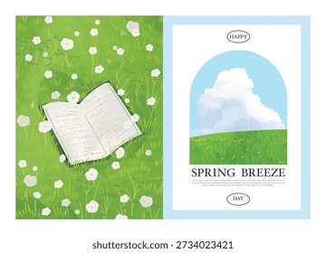 Abstract Green Summer landscape background vector set. Nature wallpaper of white flowers and book. Watercolor illustration for cover, wall art, decoration.