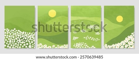 Abstract Green Summer landscape background vector set. Nature wallpaper of green field on mountain, daisy flowers, sky, sun, moon, meadow. Watercolor illustration for cover, wall art, decoration.