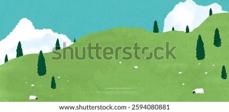 Abstract Green Summer landscape background vector. Nature wallpaper of green field on mountain, flower, blue sky, sheep. Watercolor illustration for cover, banner, wall art, decoration.