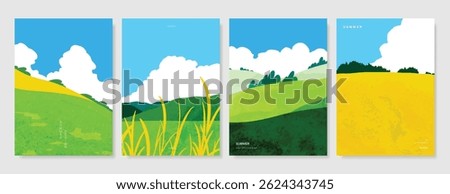 Abstract Green Summer landscape background vector set. Nature wallpaper of green field on mountain, yellow flowers, blue sky , rice, river. Watercolor illustration for cover, wall art, decoration.
