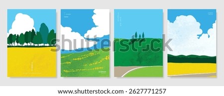 Abstract Green Summer landscape background vector set. Nature wallpaper of green field on mountain, yellow flowers, blue sky , rice, river. Watercolor illustration for cover, wall art, decoration.