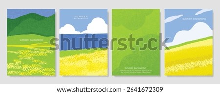 Abstract Green Summer landscape background vector set. Nature wallpaper of green field on mountain, yellow flowers, blue sky, rice, river. Watercolor illustration for cover, wall art, decoration.