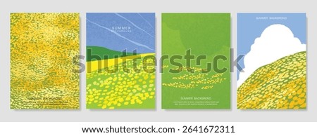 Abstract Green Summer landscape background vector set. Nature wallpaper of green field on mountain, yellow flowers, blue sky, rice. Watercolor illustration for cover, wall art, decoration.