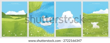 Abstract Green Summer landscape background vector set. Nature wallpaper of green field on mountain, yellow flowers, blue sky , birds, river. Watercolor illustration for cover, wall art, decoration.